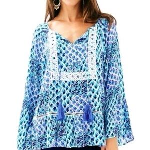 Lilly Pulitzer Amisa Blue Green Patterned Resort Blouse Small